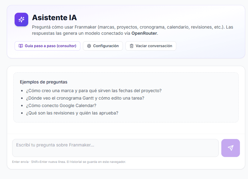 Asistente de Franmaker con ejemplos de preguntas y campo para consultar el uso de la plataforma.